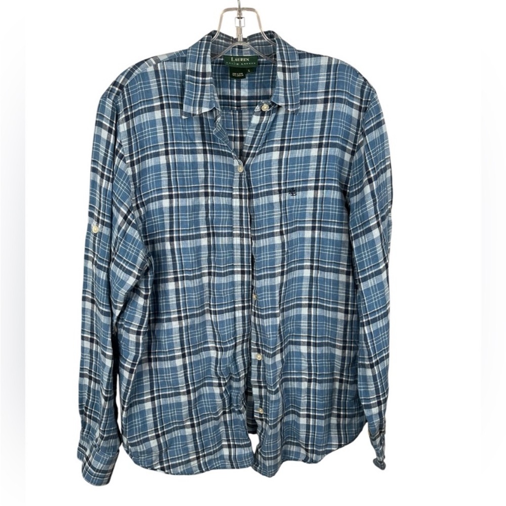 Lauren Ralph Lauren Roll Tab 100% Linen Plaid Button Front Shirt Large - Picture 7 of 7